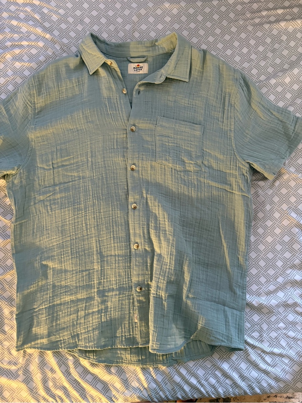 Marine Layer Men’s Crinkle Cloth Shirt Sleeved Button Up In Mint Size M/L